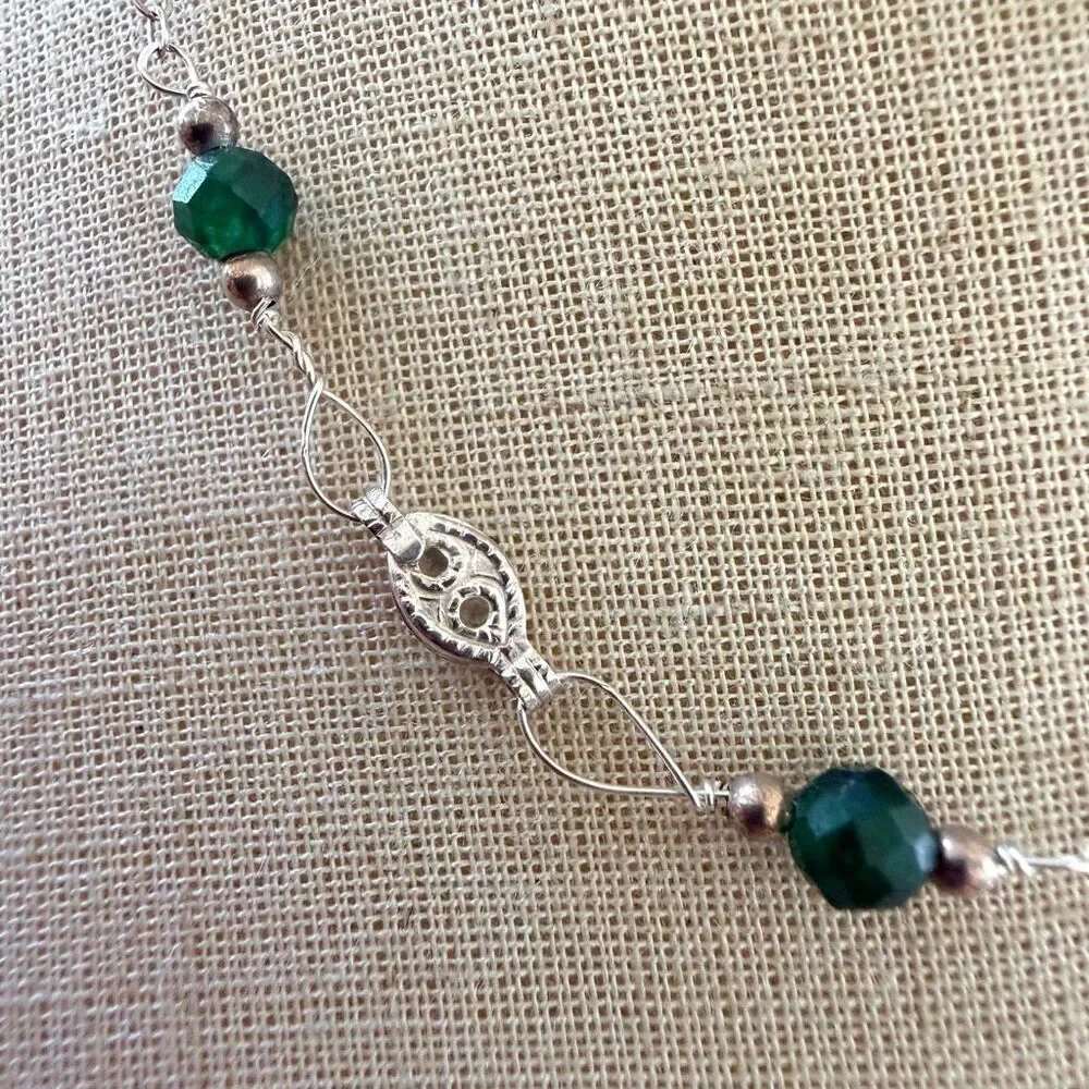 Vintage Sterling Silver Green Stone & Crystal Necklace Emerald Tone Beaded Neck